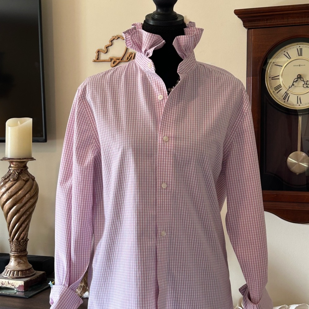 Pink gingham Upcycled men’s shirt to ladies ruffle collar blouse